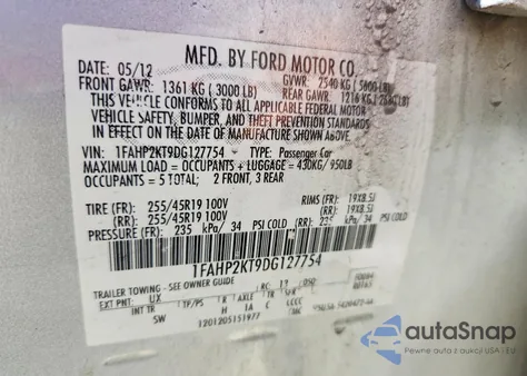2013 Ford Taurus Sho z USA, uszkodzony, nr VIN 1FAHP2KT9DG127754